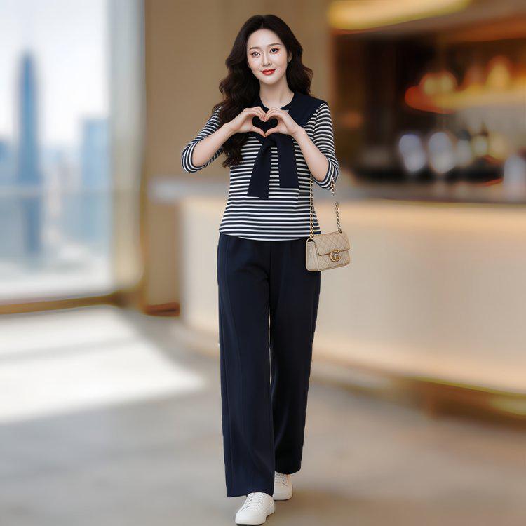 

Women s Striped Two-Piece Casual Set for Spring/Autumn 2XL темно-синього кольору