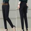 Women Casual Trousers High Waist Suit Pants Metal Buckle Pockets Solid Color Slim Fit Harem Pants Workwear