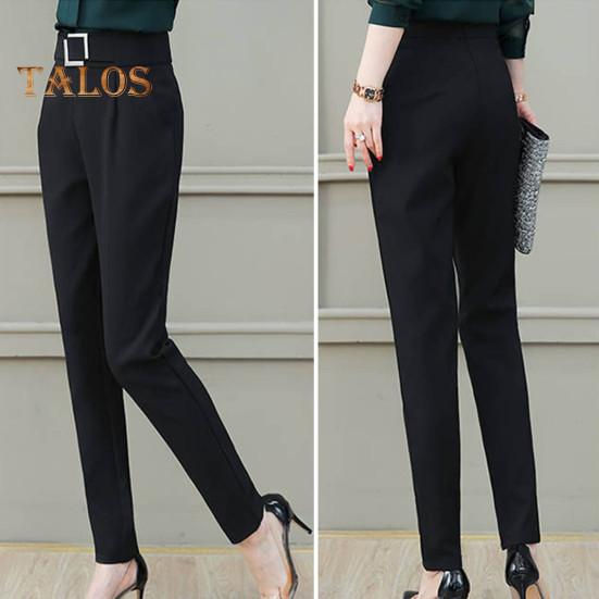 Women Casual Trousers High Waist Suit Pants Metal Buckle Pockets Solid Color Slim Fit Harem Pants Workwear