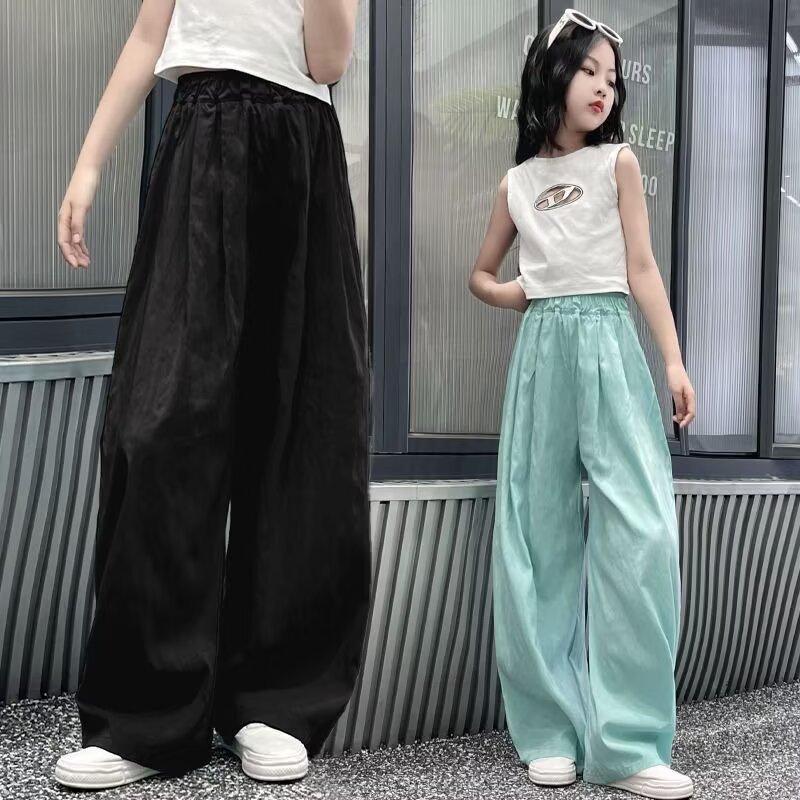 Spring and Summer Solid Color Casual Pants for Girl Elastic Waist Straight Pants Loose Breathable Wide-leg Pants Children's Summer Trousers