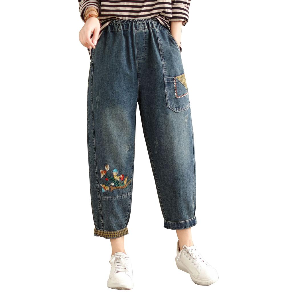 Aricaca High Quality Women Retro Patch Embroidered Printed Loose Jeans