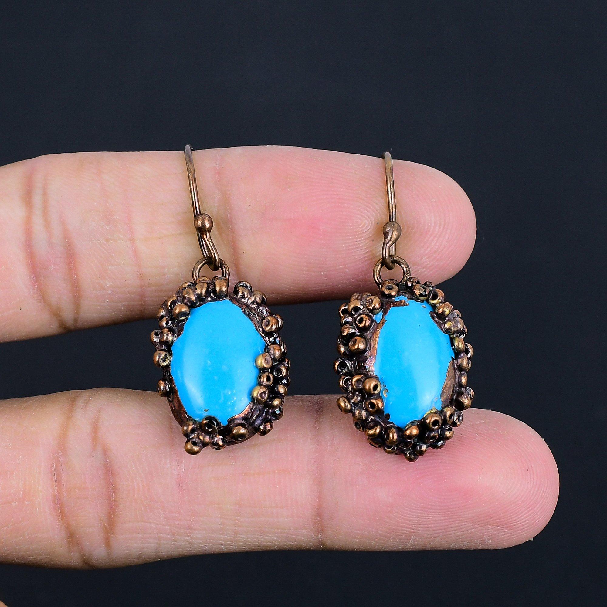 

Sleeping Beauty Turquoise Earrings, Copper Electroformed Gemstone Jewelry, Handmade Earrings, For Thanksgiving 2.55 Inches