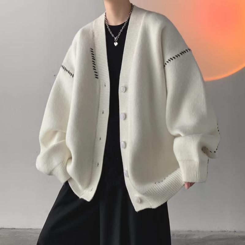 Cardigan casual a maglia larga Maglione di lana da uomo a maniche lunghe Moda Autunno e Inverno Maglione Decorativo a Riga Luminosa
