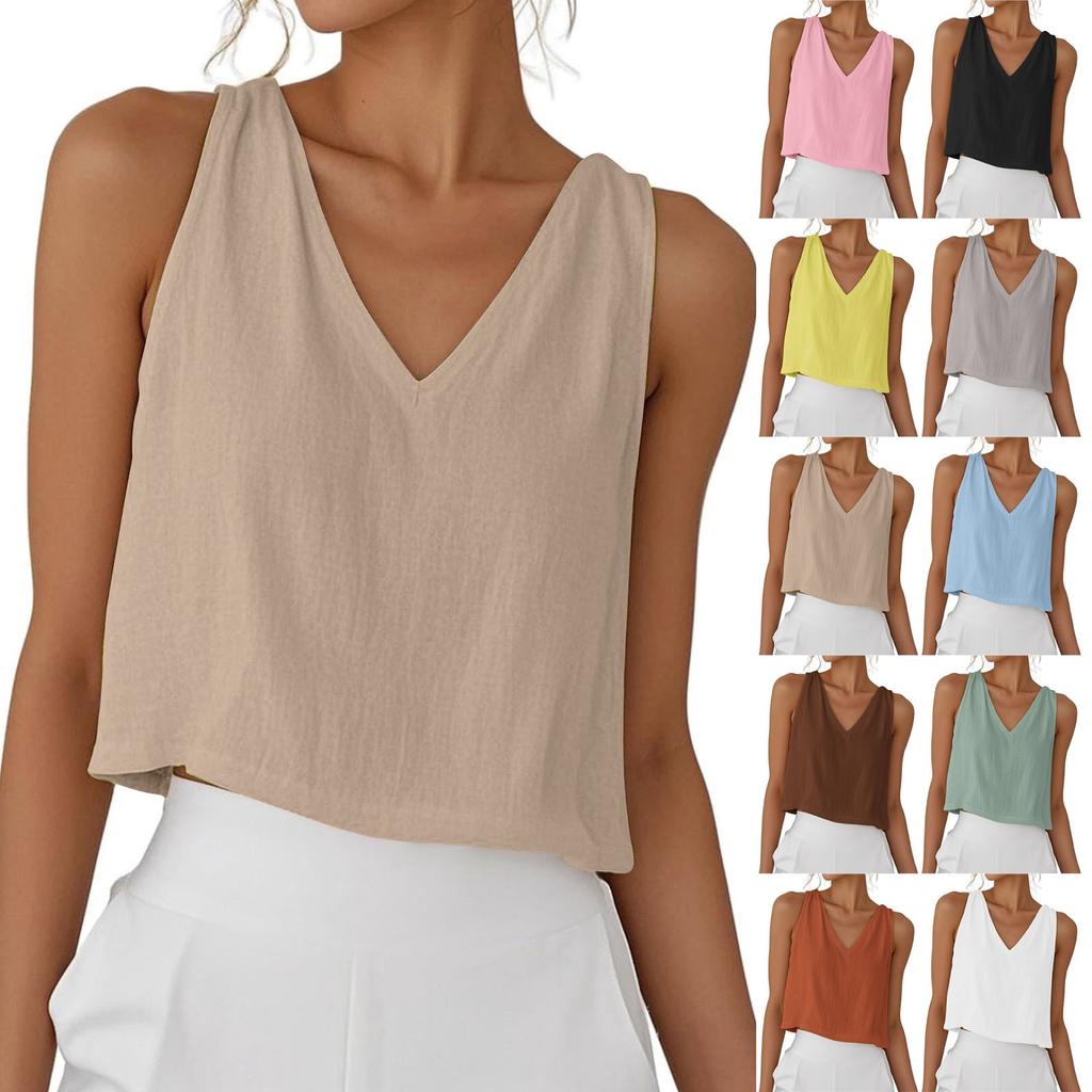 Women's Fashionable Solid Color V-neck Cotton Linen Casual Vest Sleeveless Top