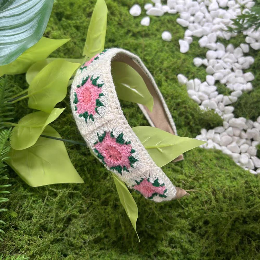 Hollow Out Embroidered Crochet Headband Colorful Wide Edge Headband Floral Knitted Hairband Gift