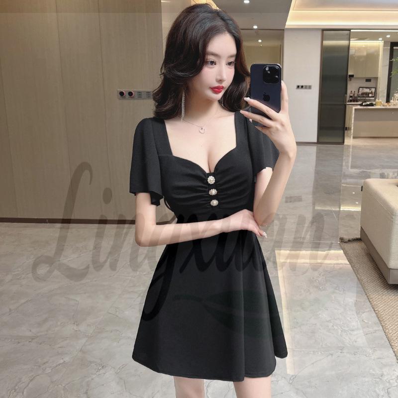 Elegant Low-Cut Summer A-Line Dress with Cinched Waist XL чёрный