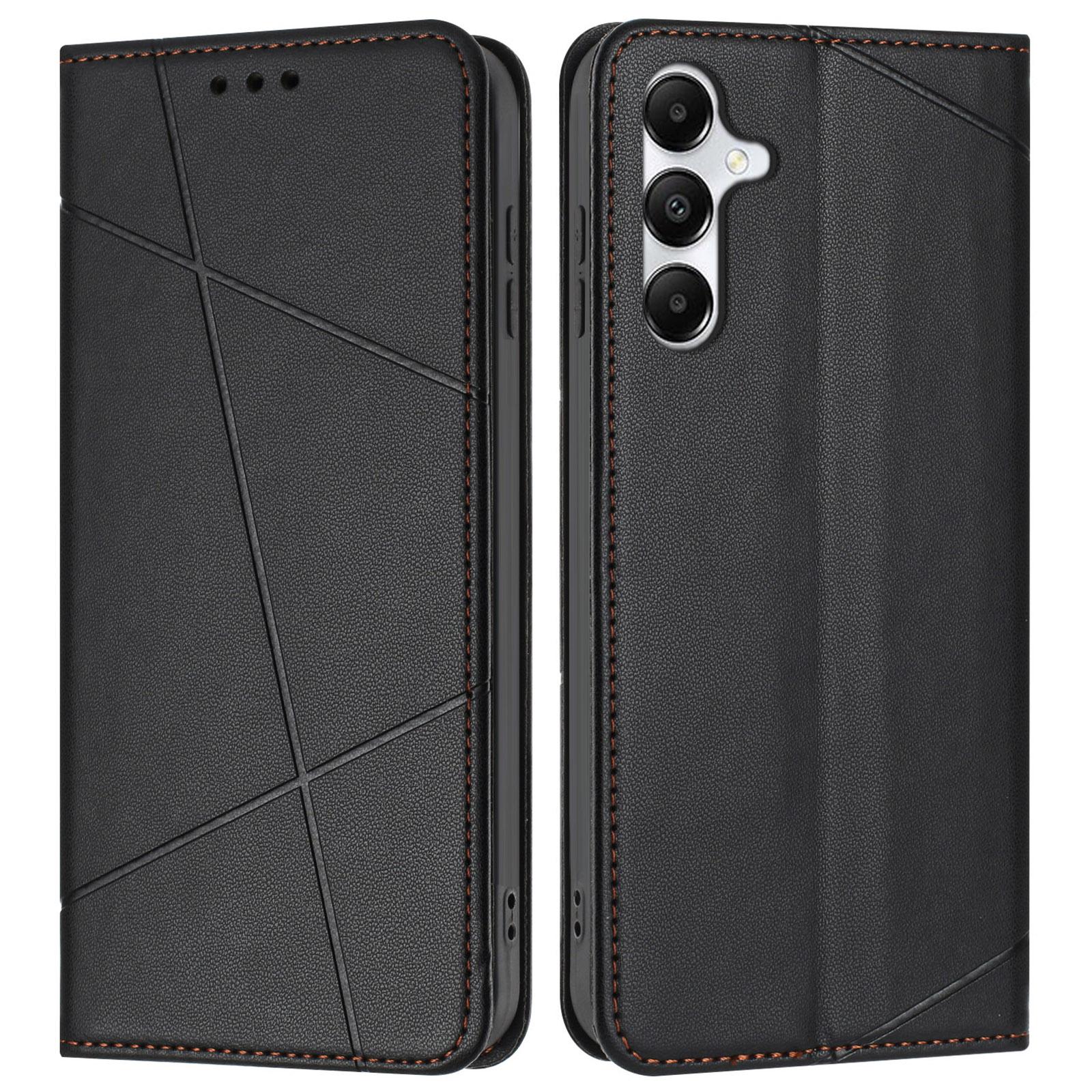 

For Samsung Galaxy A25 5G (Global) (161.0mm) Wallet Case Line Imprinted Leather Stand Phone Cover with Wrist Strap Black