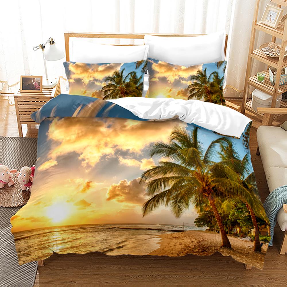 Tropical Landscape Polyester Duvet Cover Sets King Full With Pillowcase Coconut Trees Sea Sunset Natural View Large Sun Pattern