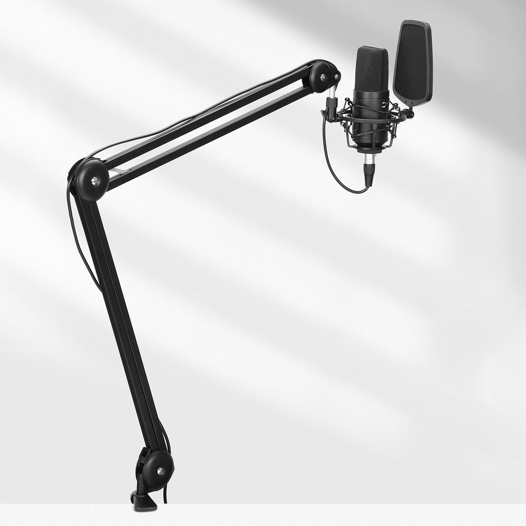 Adjustable microphone arm stand with shock-mounted basket for desk - black