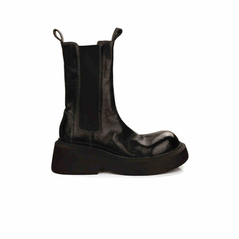 Heavy 6cm Shrink Horse Leather Elastic Band Thick Bottom Heel Short Shoes Chelsea Boots Women