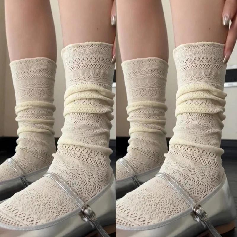 1/2pairs Lolita Sweet Pile Socks for Women Girls Mesh Hollowed Out Thin Nylon Silk Retro Flower Lace Socks Ladies Crew Socks