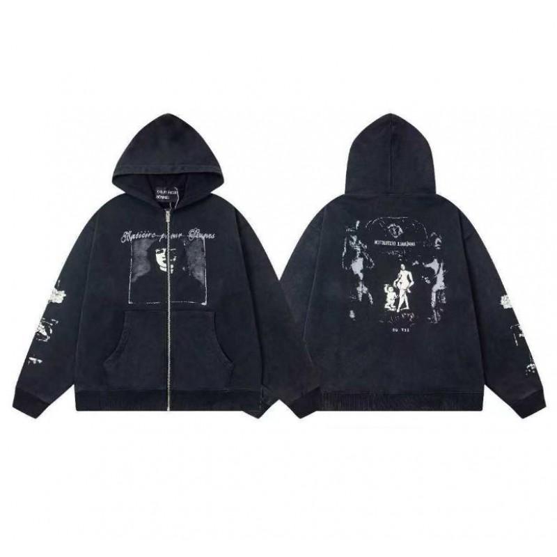 Erkek Geniş Kesim Pamuklu Kapüşonlu Fermuarlı Sweatshirt Sokak Giyim Günlük Harf Baskılı Uzun Kollu Tişört