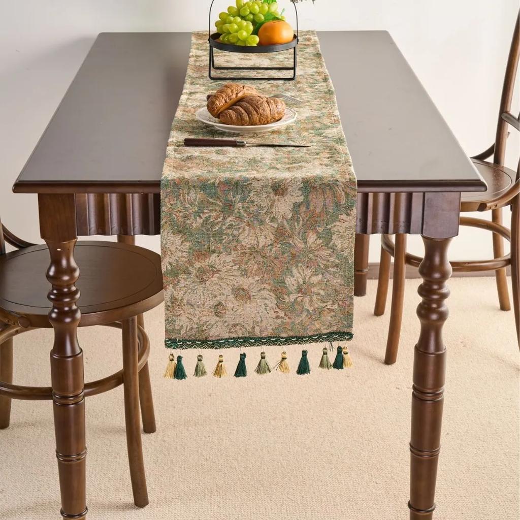 Chinese Style Vintage Tassel Table Runner Jacquard Living Room Bed Tail Coffee Dining Table Decoration Accessories Rustic Decor