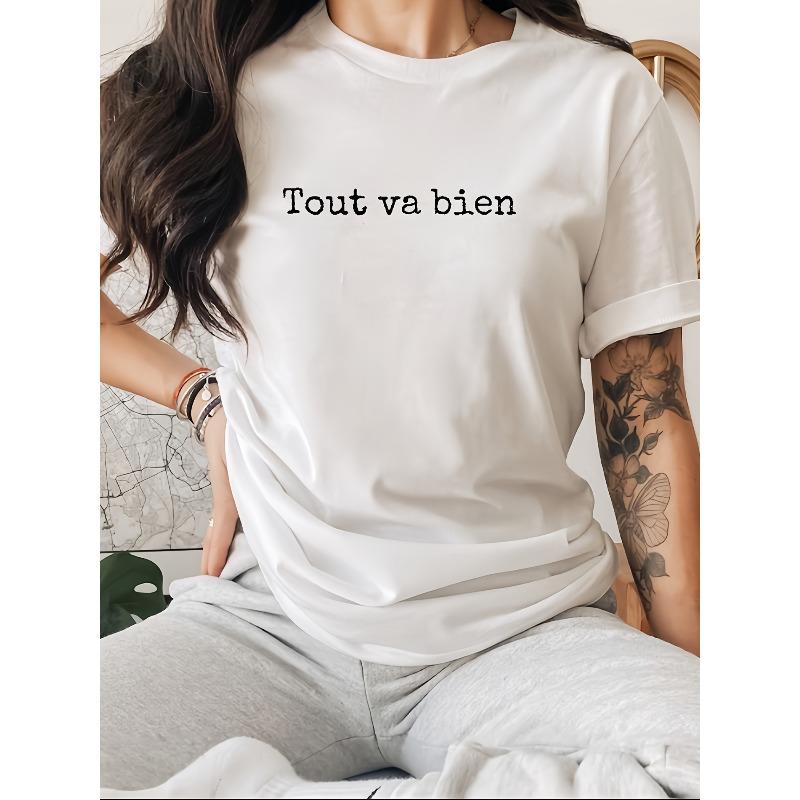 Letter Print T-shirt, Short Sleeve Crew Neck Casual Top For Summer & Spring, Women's Clothing