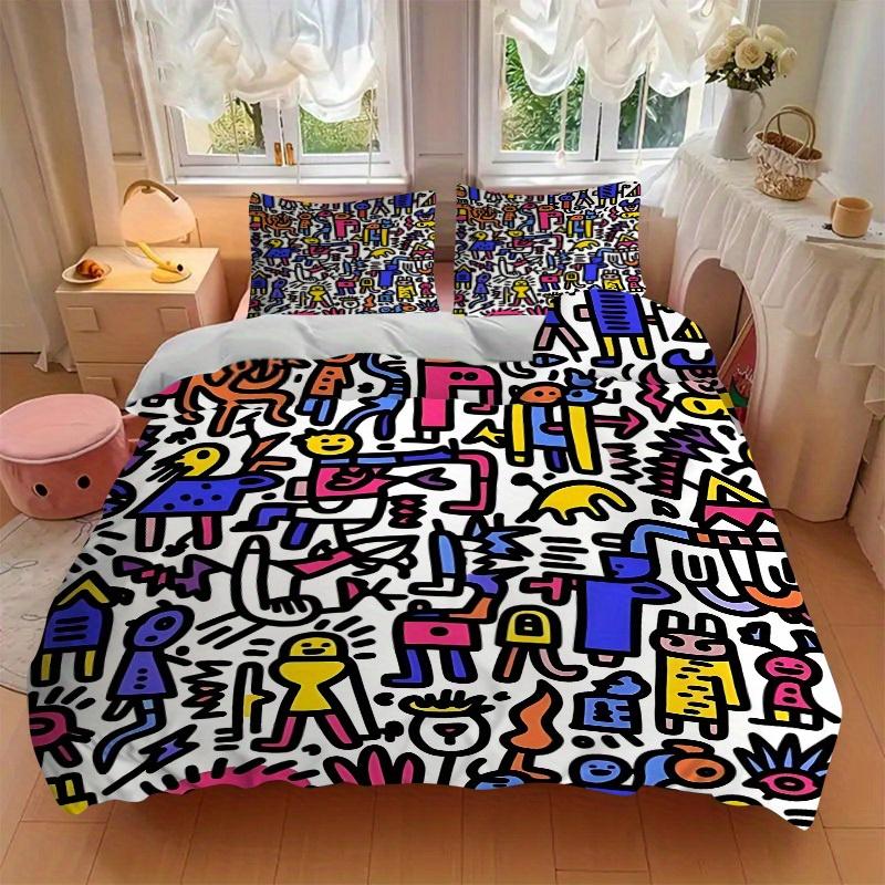 3Pcs Colorful Characters Printed Bedding Set, Breathable And Soft,(Includes 1 Duvet Cover And 2 Pillowcases, Quilt Not Included) yy250815157