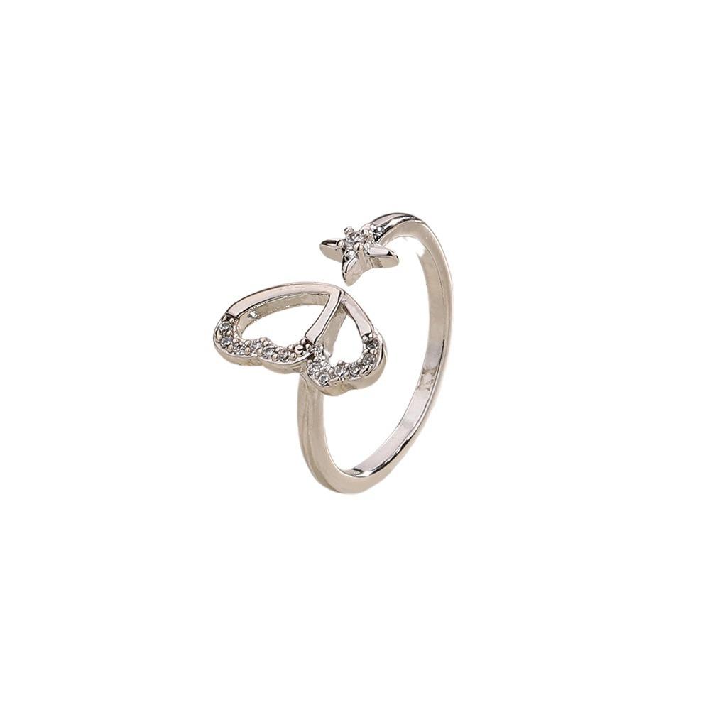 Zircon Four-Star Butterfly Ring Female Niche Fashion Cold Wind Personality Asymmetric Ring Flash Diamond Star Ring