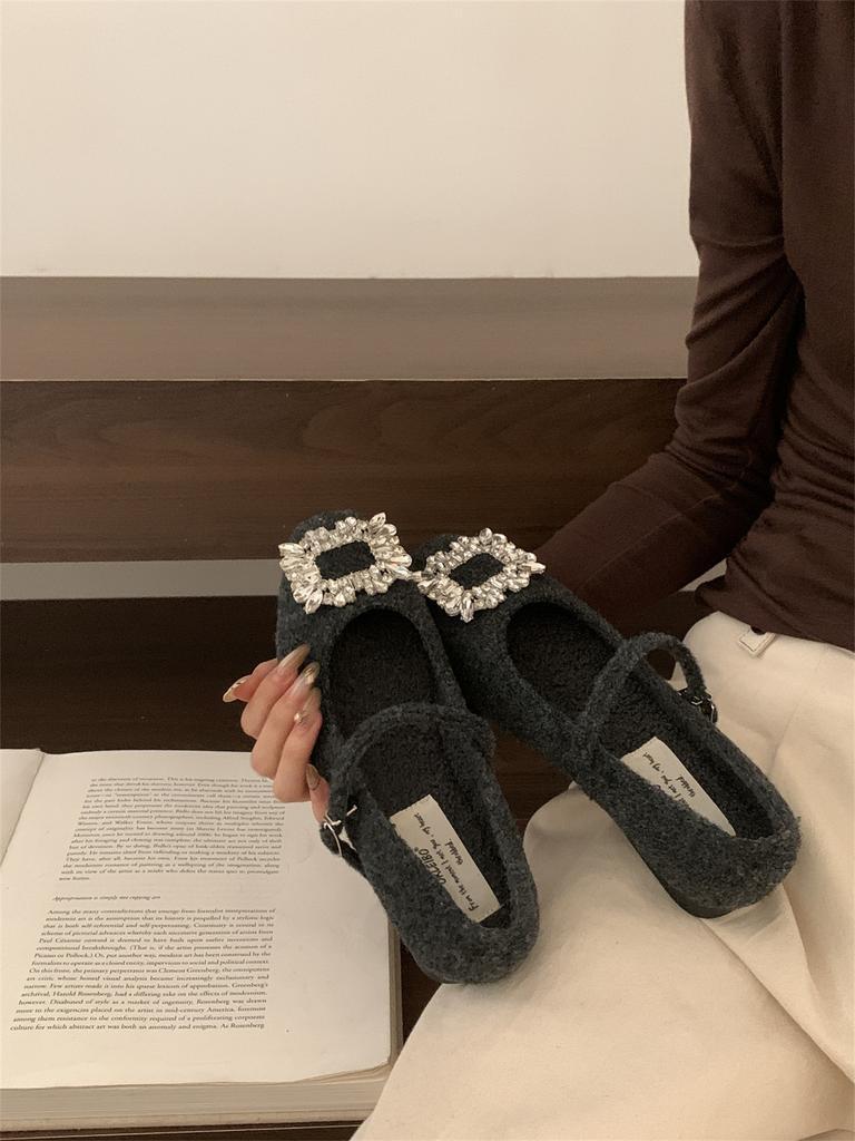 Xiaoxiangfeng Woolen Rhinestone Square Head Fluffy Mary Jane Shoes Women's Autumn and Winter Velvet Cotton Shoes Middle Heel Ladyshoes Women's Single
