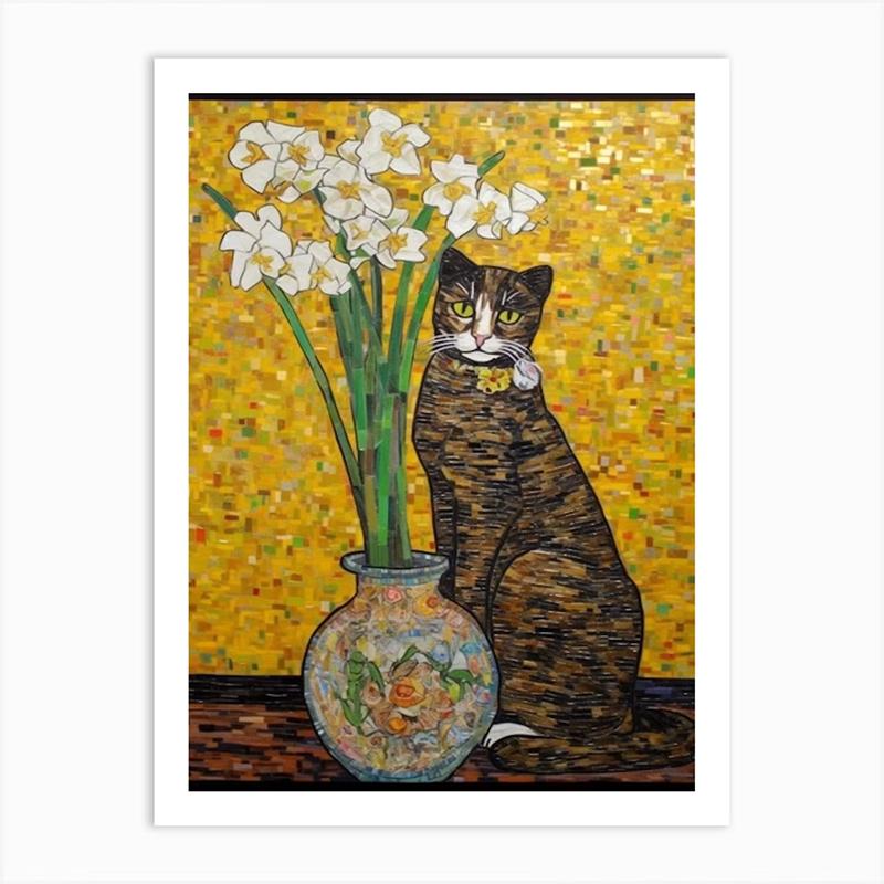 Vintage Bouquet Flower Lotus Lilies With A Cat Art Nouveau Klimt Style Art Print Poster Canvas Painting Wall Picture Room Decor