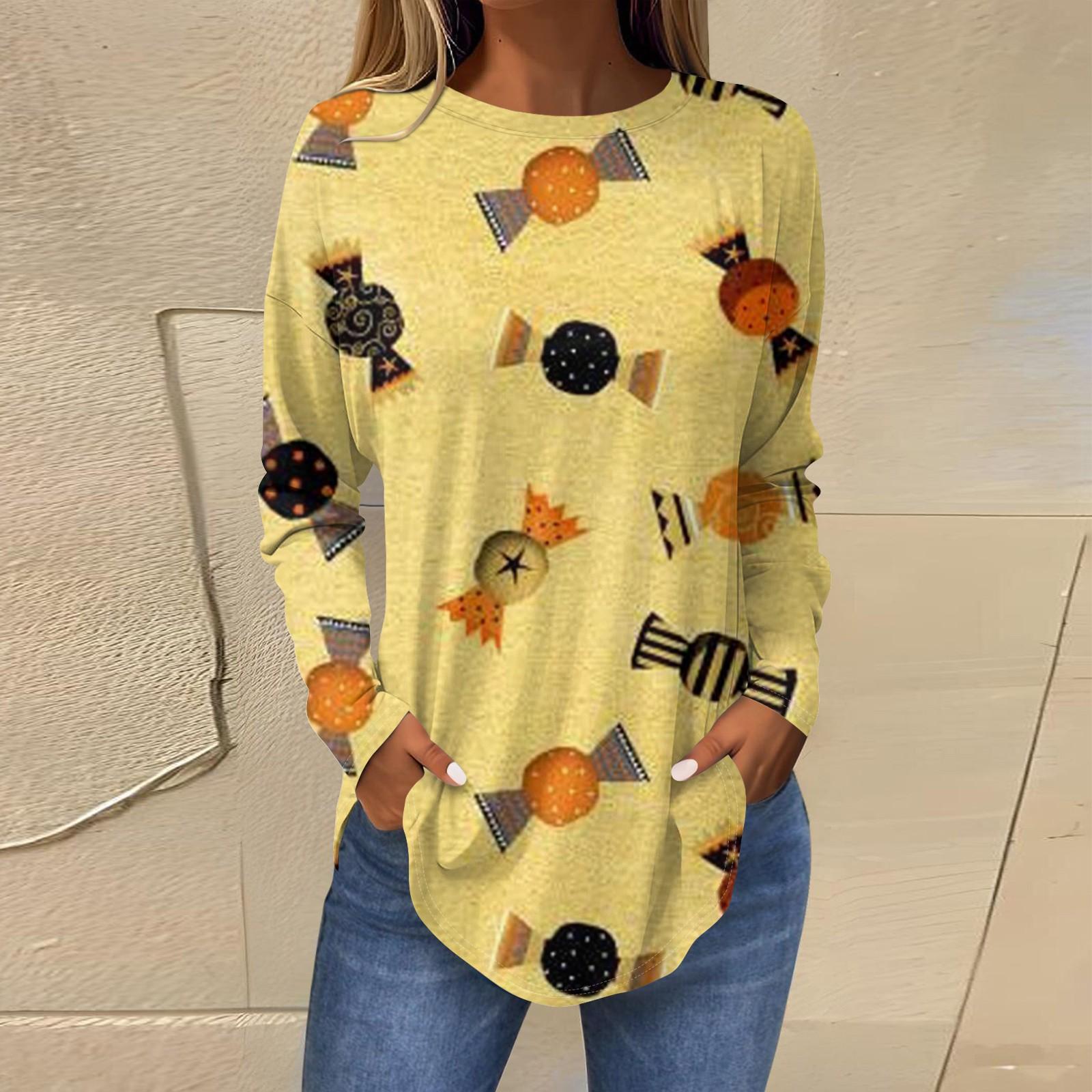 

Футболки для женщин, осенние повседневные рубашки с длинными рукавами, толстовка, винтажный топ с графическим принтом, пуловер на Хэллоуин XL жёлтый