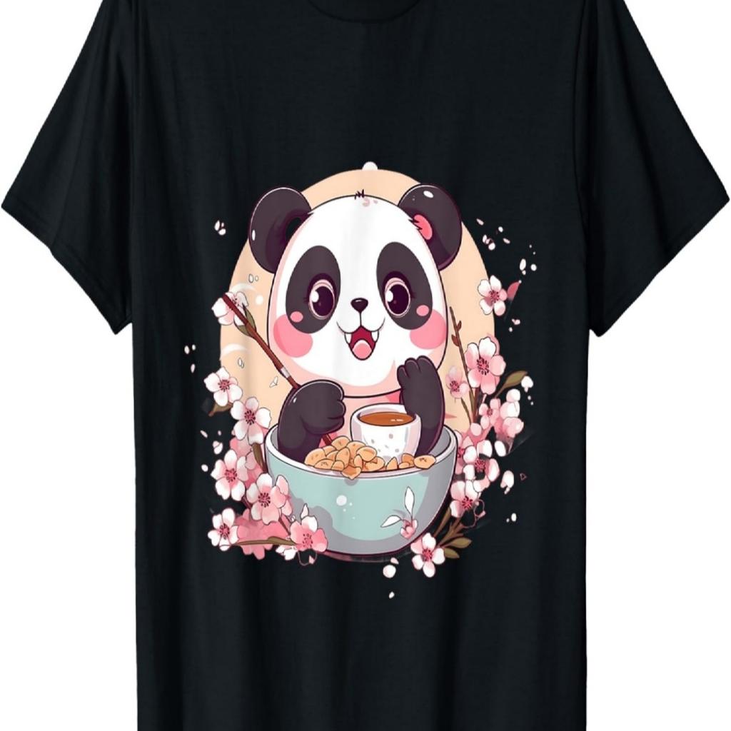 Kawaii Anime Panda Drinks Boba Tea Bubble Cherry Blossom T-Shirt(2)