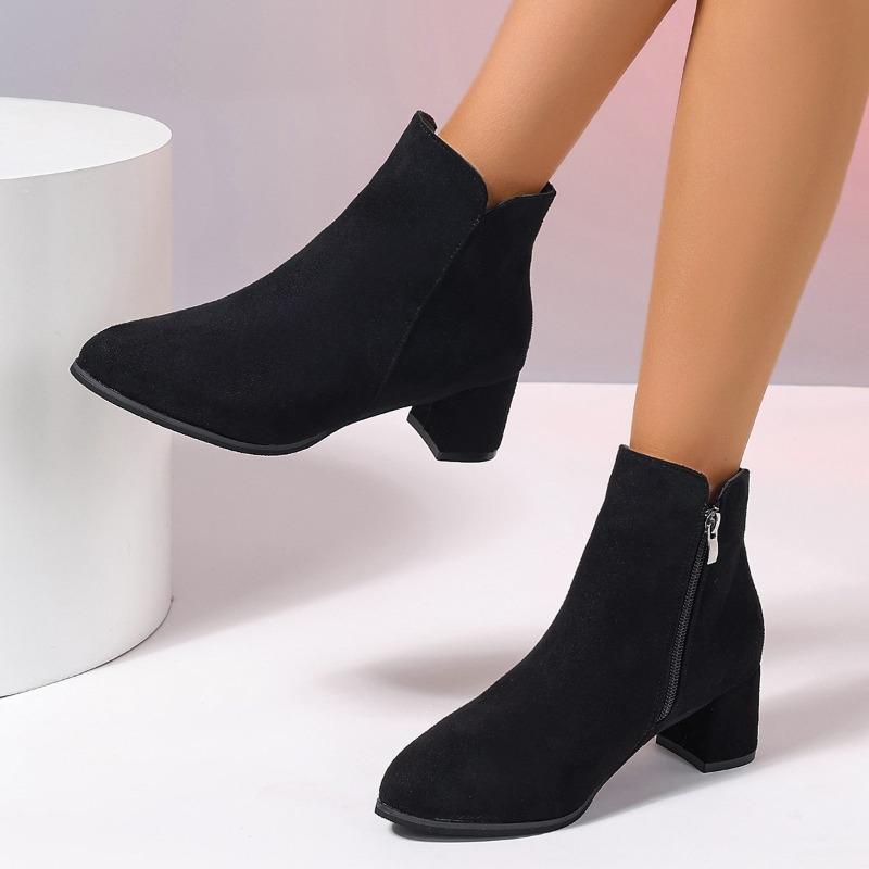 Fashionable Versatile Short Boots Women Autumn Winter Pointed Toe Thick Heel Side Zipper Casual Comfortable High-heeled Boots