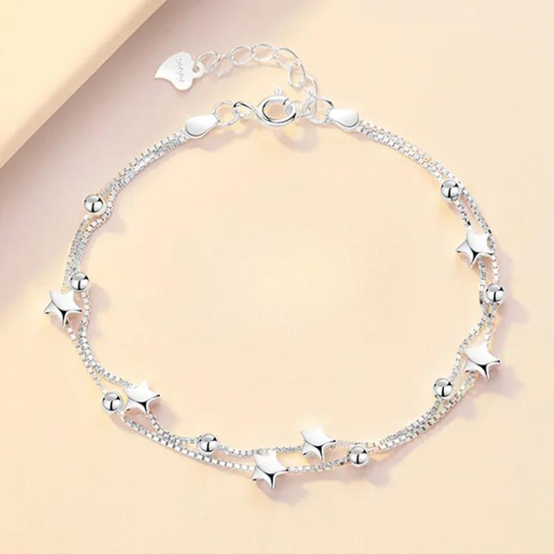 925 Silver Heart Shaped Necklace Bracelet Set for Women Vintage Korean Blue Crystal Bracelets Jewelry Set Party Jewelry
