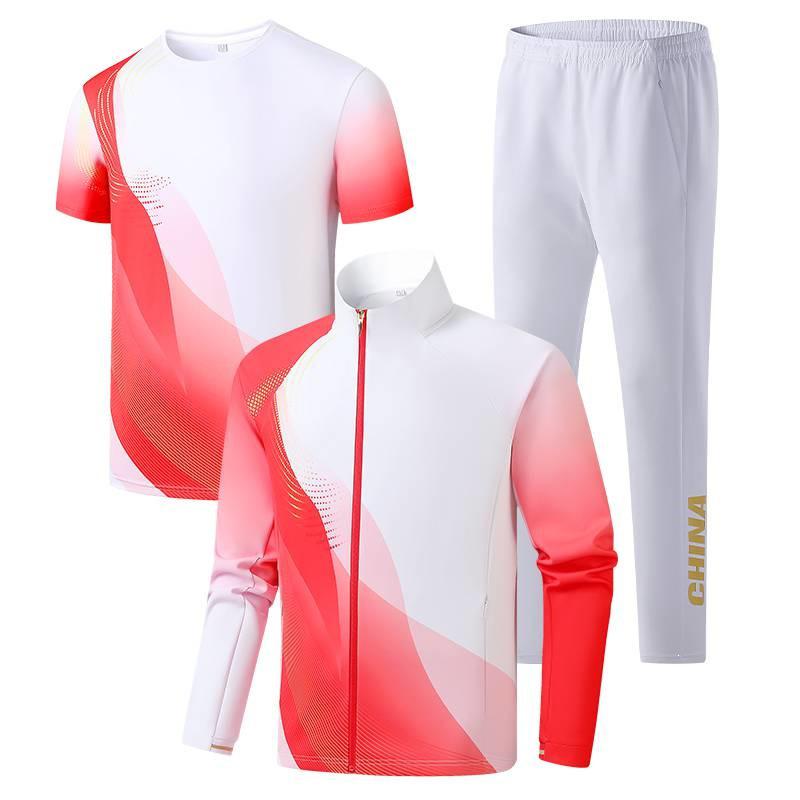 Chinese Team Wind Sports Quick-Dry Three-Piece Set: Short-Sleeved Stand-Collar Jacket, White Long Pants for Opening Ceremony Coaches.