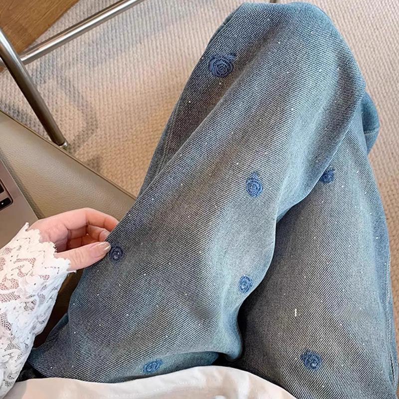 Blue Rose Rhinestone Embroidered Maternity Straight Leg Jeans - Slimming Korean Style 2026 Large