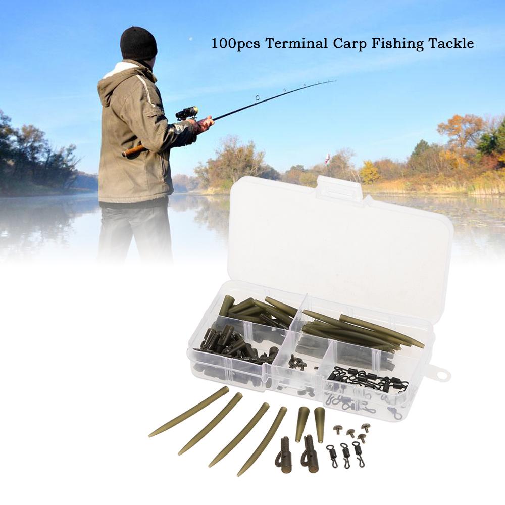 100pcs Terminal Carp Fishing Tackle Safety Clips with Pins Tail Rubber Tubes Anti Tangle Sleeves Quick Change