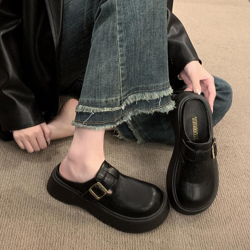 Leather Bag Head Half Slippers Women's Outer Wear Autumn New Muffin Platform Shoes Casual Skirt Single Shoes