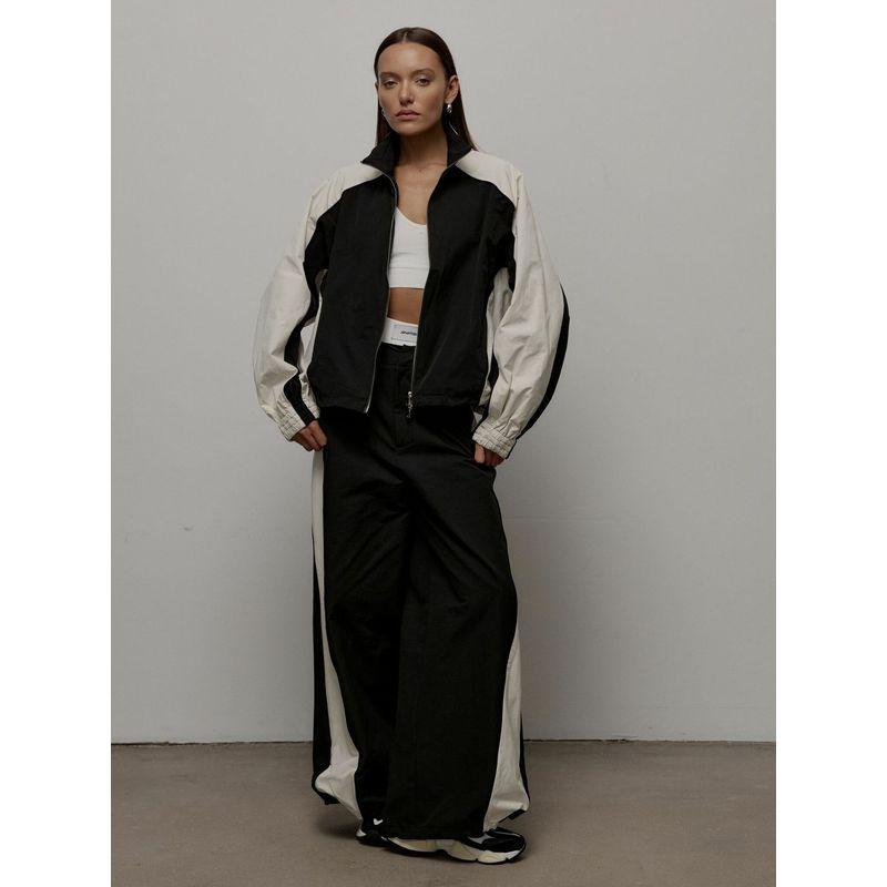 

Western Style Fashion Casual Loose Zip-up Top Wide Leg Pants Set Zipper Top and Pants Set Black XL