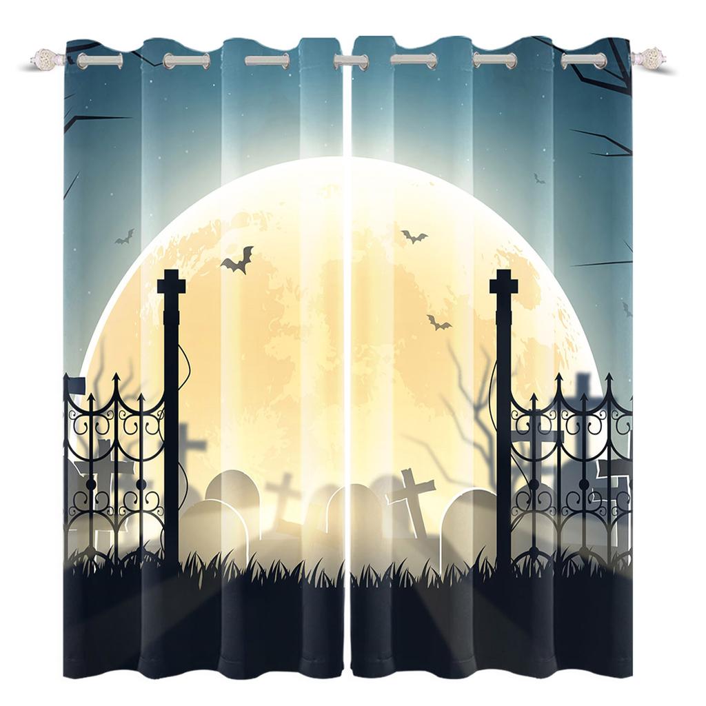 2pcs/set Horror Halloween Window Curtain Full Moon Night Tomb Iron Gate Back Room Home Bedroom Decor Blackout Polyester Curtains
