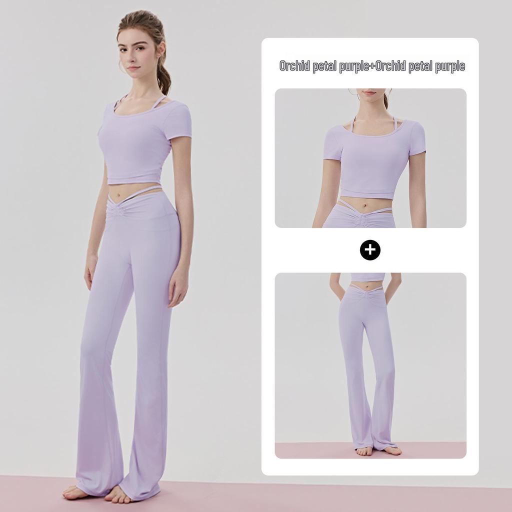 Women's Cooling Yoga Suit: Short Sleeve Top with Built-in Bra & Draping Tie-up Micro Flare Pants Set