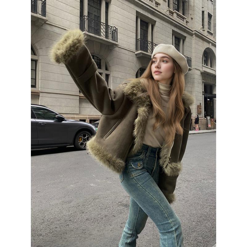 Women's Brown Suede Faux Fur Trim Jacket Short Warm Winter Outerwear