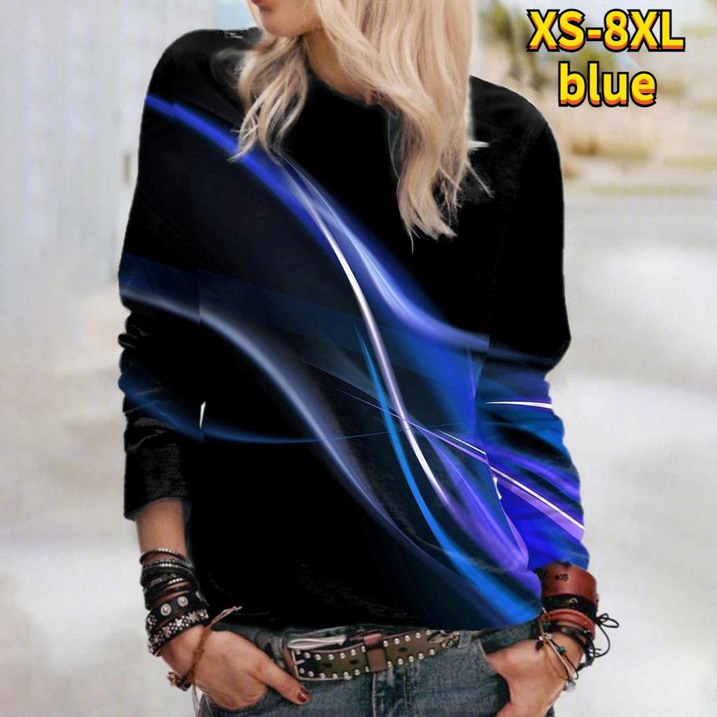 3D tisk Modrá Lightning trička Dámské topy Dlouhý rukáv Pulovr s výstřihem do O Dámská trička Trička pro ženy