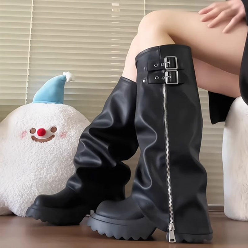 Plateausohlen-Höhenstiefel Damen 2025 Spice Girls weite Hosen aber knielange Stiefel süße coole hohe kleine Ritterstiefel