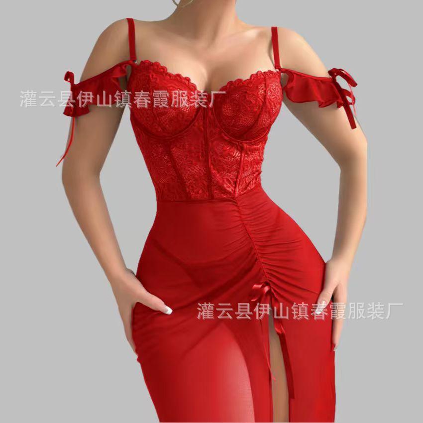 Sexy lace lingerie mesh perspective split suspender dress women
