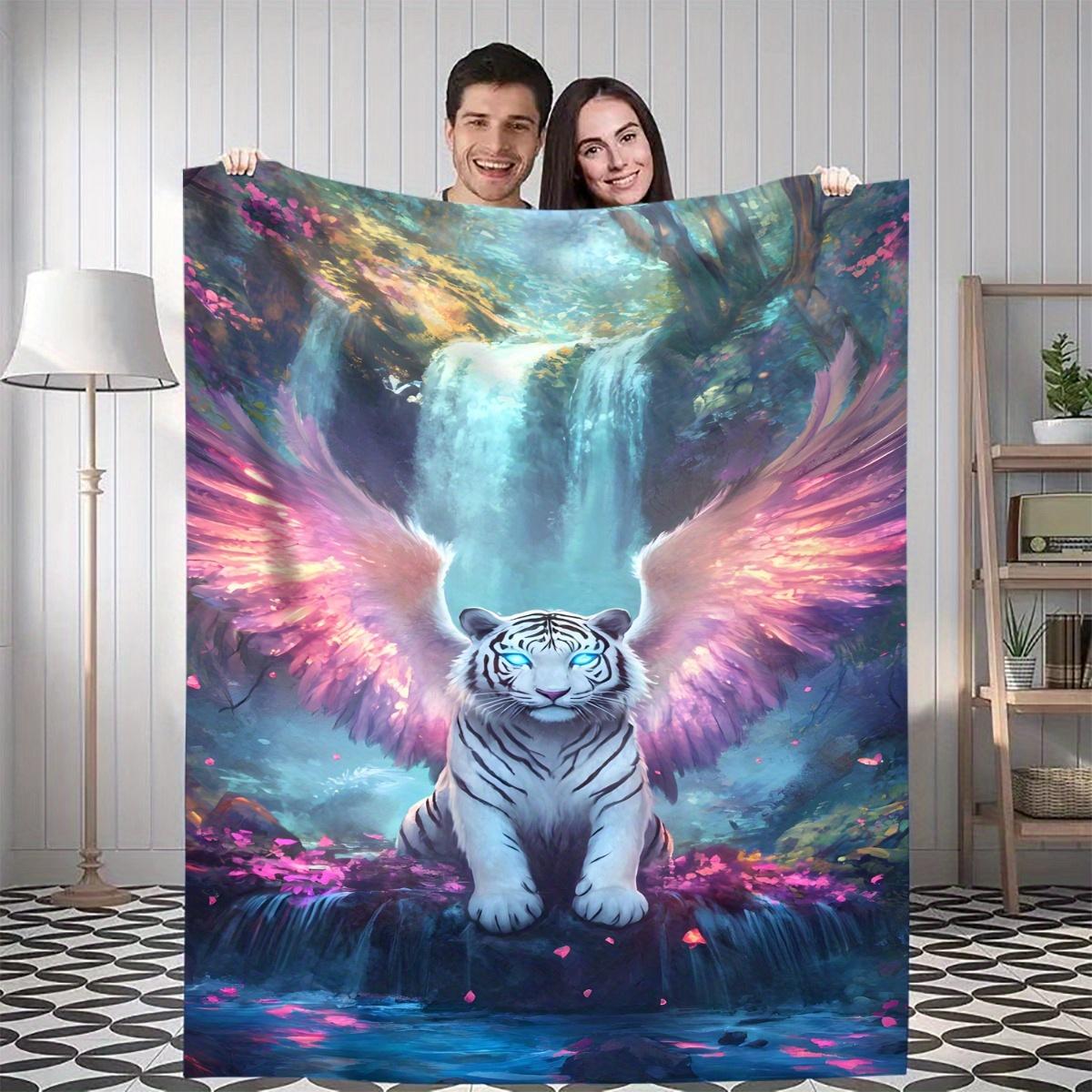 

1pc Flannel Blanket - All-Season Soft Warm Throw with Majestic White Tiger Angel Wing Design in Purple, Blue, Pink, Green 75x90cm28x35in
