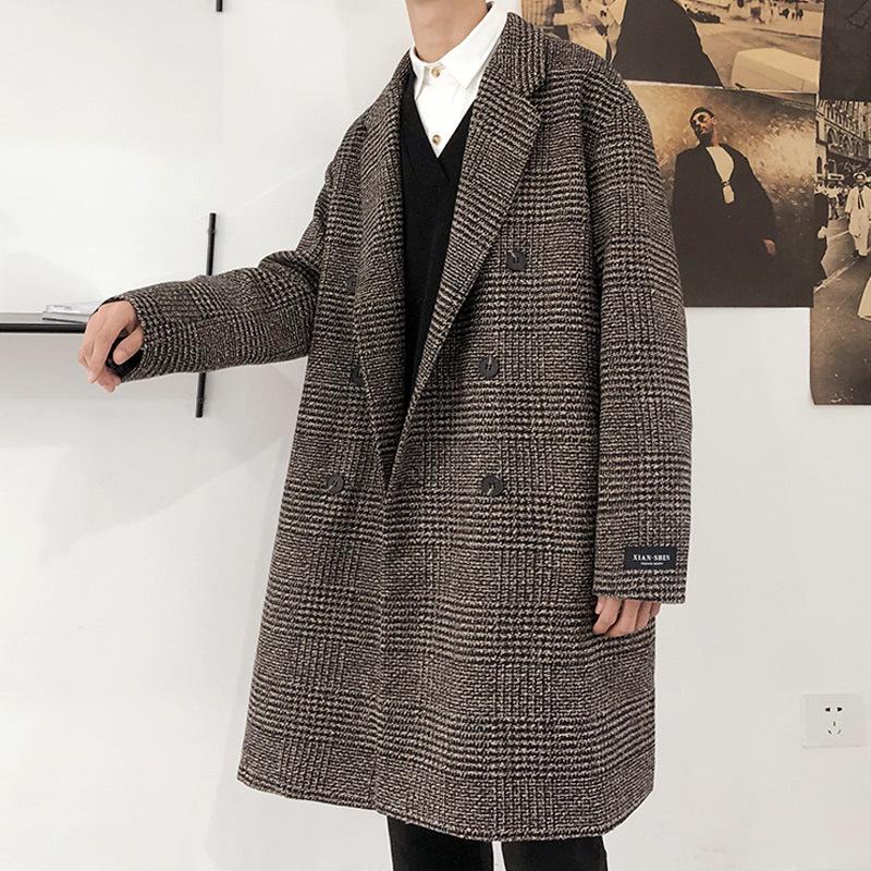 

Мужской модный двубортный шерстяной тренчкот в клетку - осень/зима в корейском гонконгском стиле, доступны размеры Plus Size 4XL