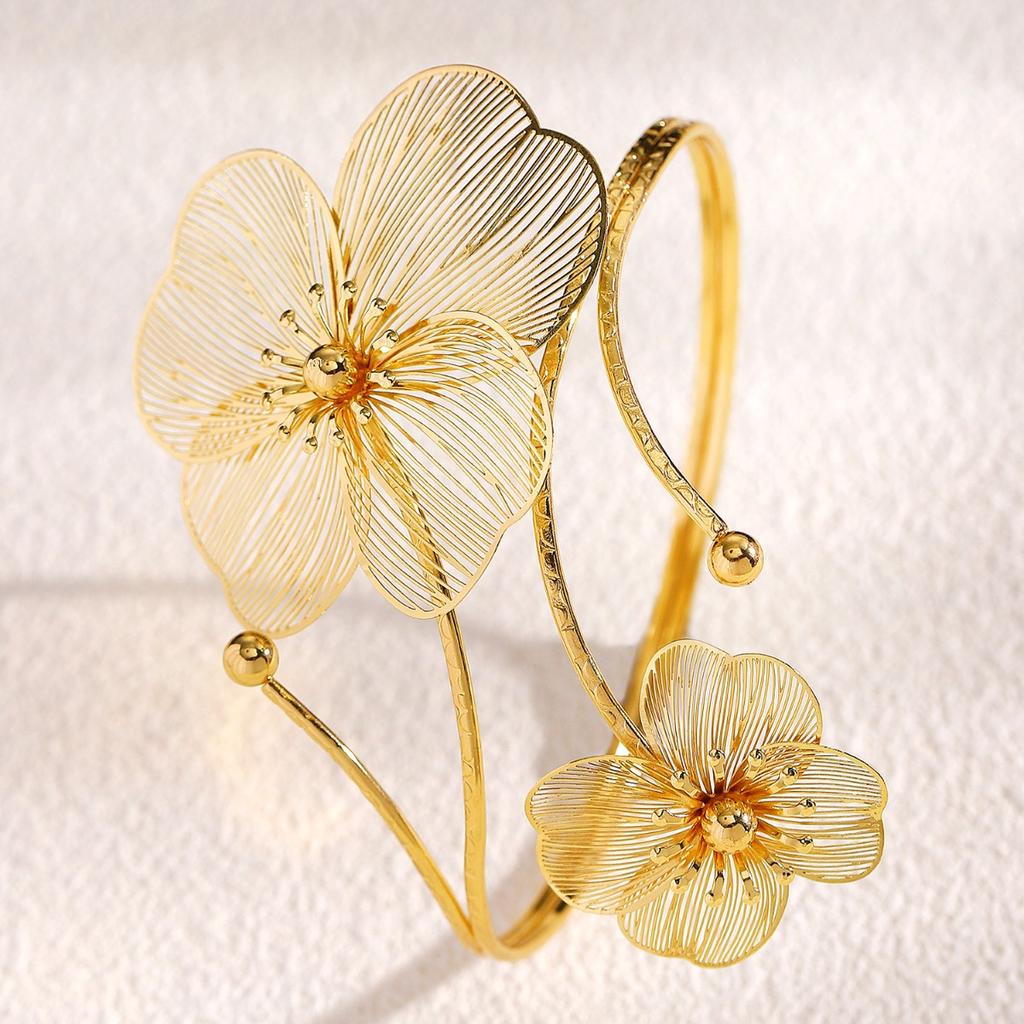 Layered Open Cuff Flower Bracelet for Women Wire Floral Statement Upper Arm Cuff