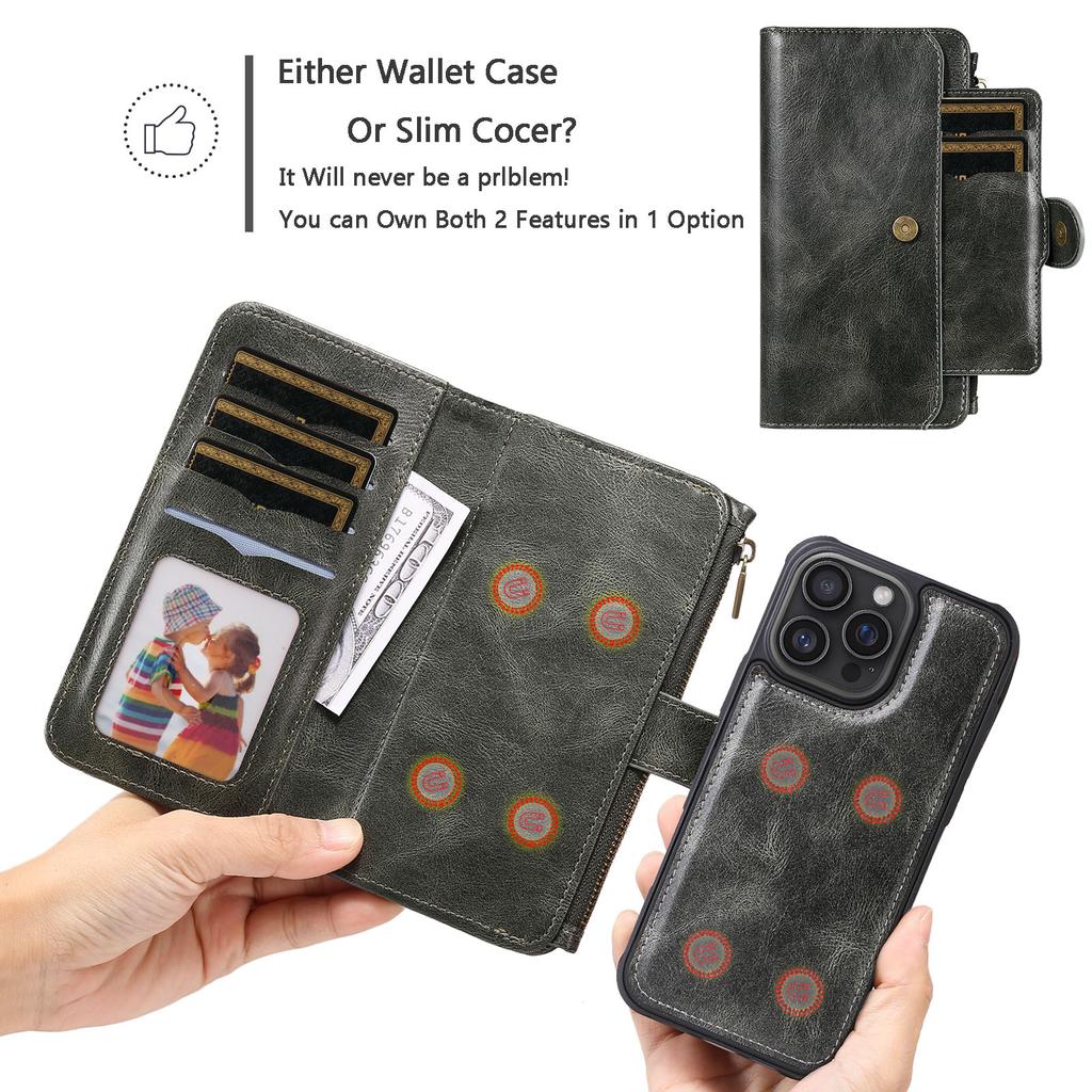 For iPhone 16 Pro Max Magnetic Case Detachable PU Leather Zipper Wallet Cover