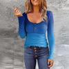 Color Matching Gradual Change Color T-shirt Women's Round Neck Pullover Button Long Sleeve Fashion Slim Top
