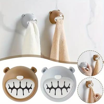 Cute Bear Design Wall-Mounted Towel Holder Easy Install No Drilling Needed Plastic Hand Towel Rack for Bathroom & Kitchen