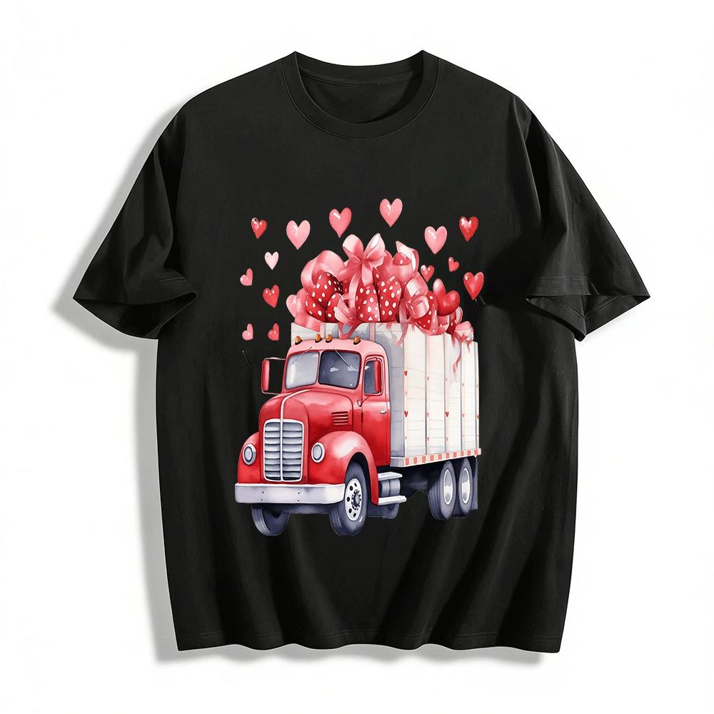 Valentine s Day Vintage Heart Truck Print Casual Top Pure cotton T-shirt XXS