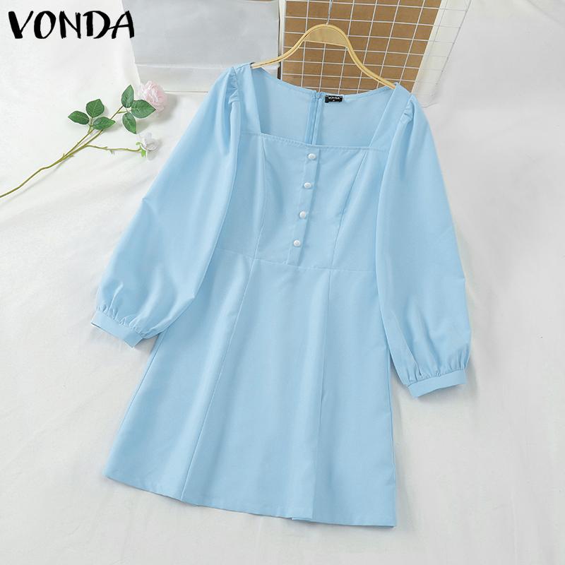 VONDA Women Square Neck Puff Long Sleeve Slim Waist Casual Solid Color Mini Dresses