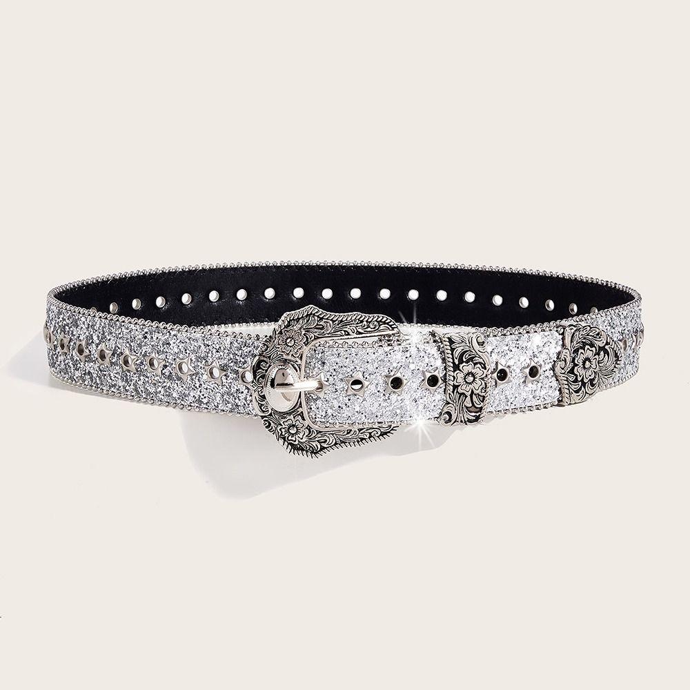 Metal Engraved Buckle Western Cowboy Belt PU Leather Buckle Belt Fashion Waistband for Men Women