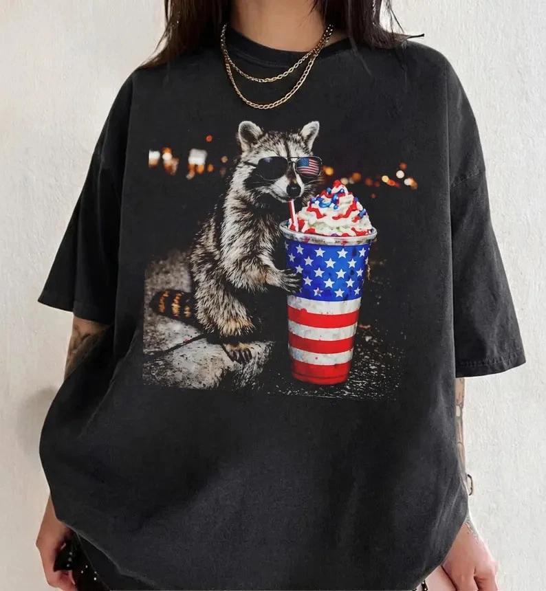 Funny Raccoon Drinking Coffee Shirt Meme Animal Tee 3XL