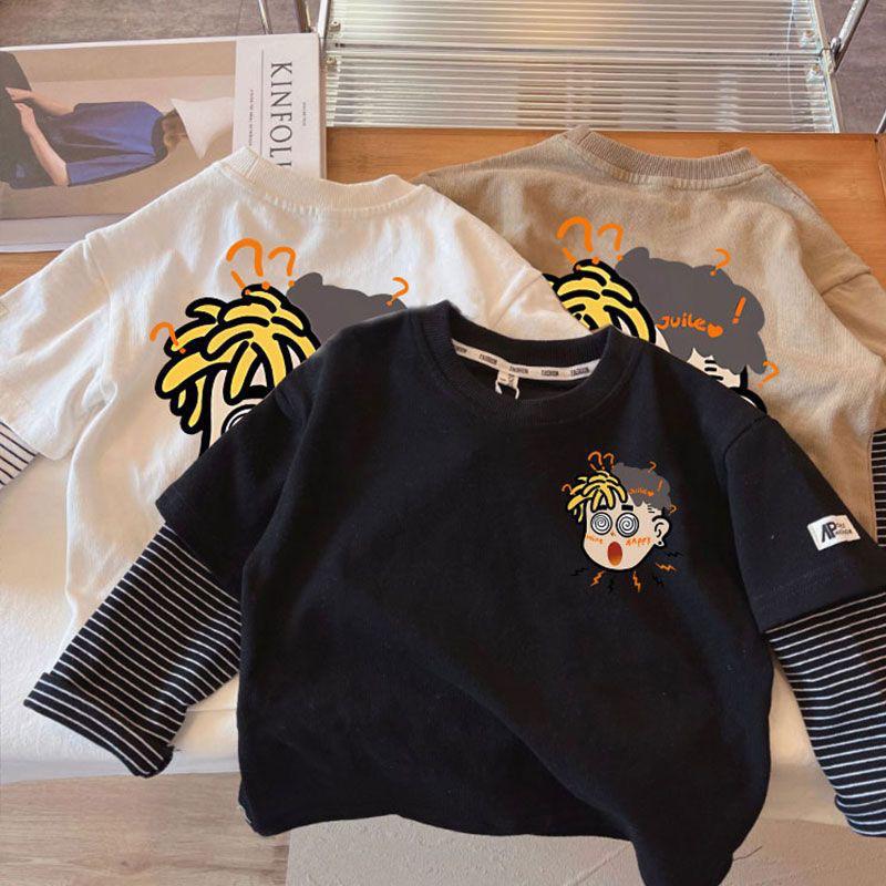 Boys Cotton Long Sleeve T Shirt Fake Two Piece Design Spring Autumn Baby Base Layer Top Comfortable Breathable Kids Clothes