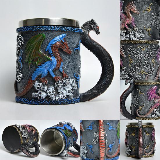 Cup Mug 420ml Large Capacity Dragon-Shaped Coffee Mug with 304 Stainless Steel Inner Tank Resin Exterior Medieval Themed Drinkware