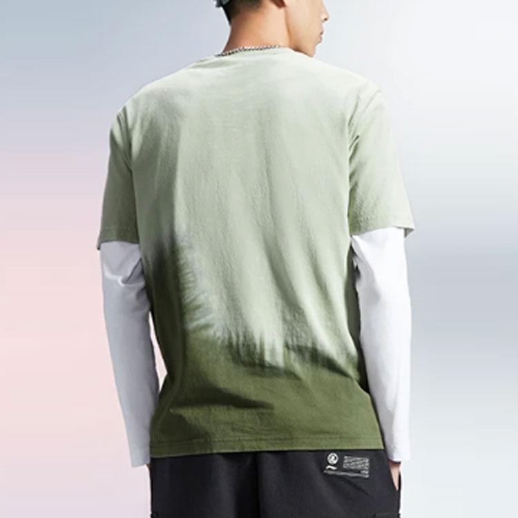 Li Ning Sports Basketball Series SS21 Paris Fashion Week Logo Print Color Block Crew Neck Short Sleeve T-Shirt Men Tops Green AHSR951-2